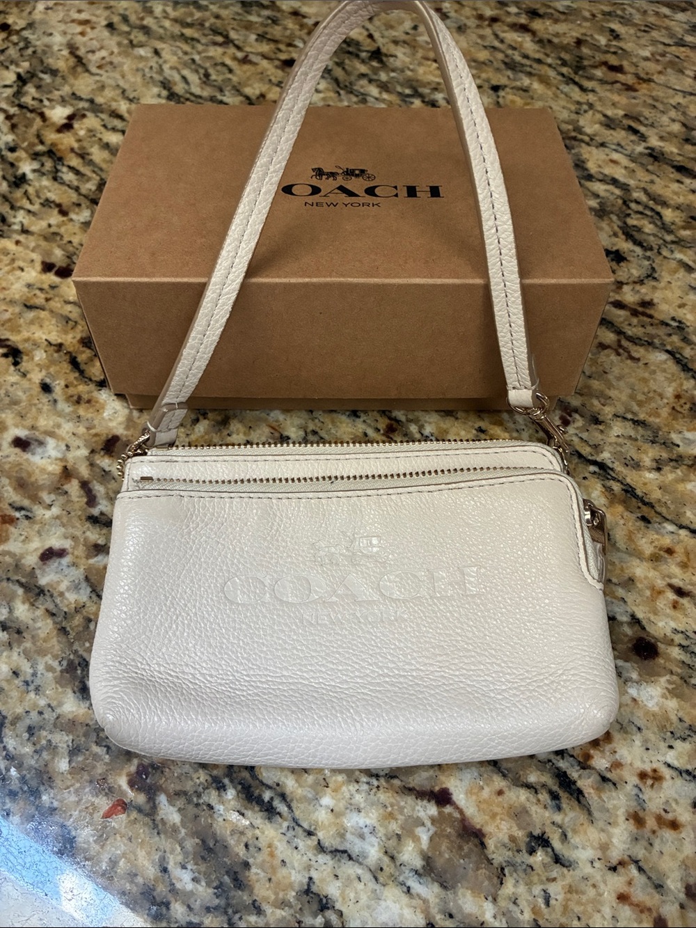 Coach Cream Pebbled Leather Crossbody Wristlet with Carry Strap & Hang tag.